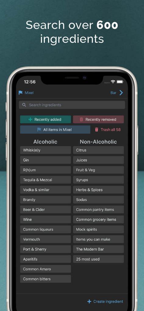 Mixel app interface displaying a search screen for over 600 cocktail ingredients categorized by alcoholic and non alcoholic types.
