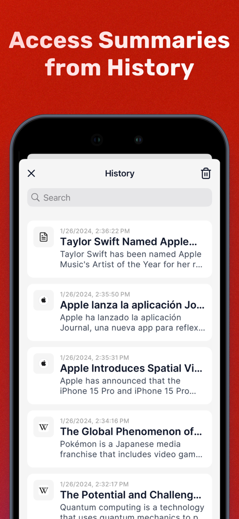 Summarizer - AI Text Summary - 要約された記事のリストが履歴セクションに表示されているモバイルインターフェース