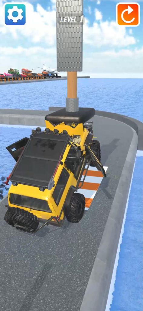 Crash Master 3D - A yellow SUV being crushed by a large vertical pillar in the mobile game Crash Master 3D