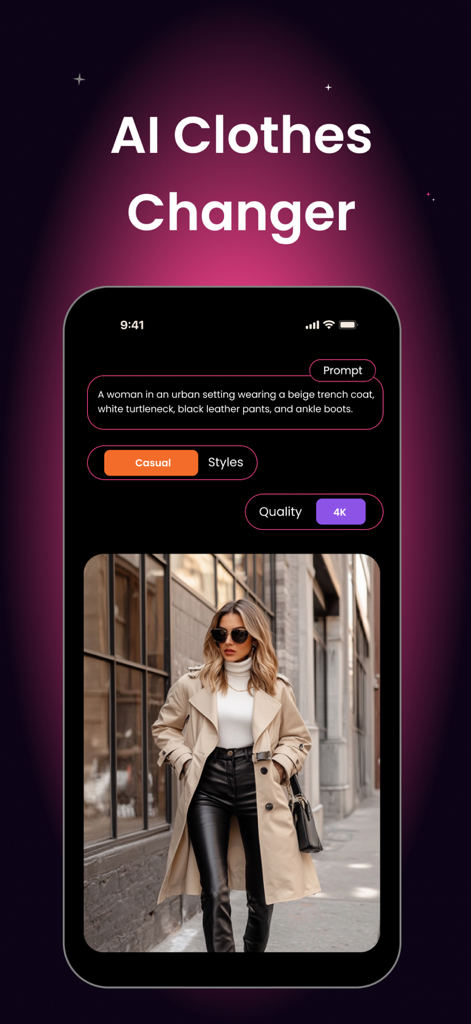 Clothes Changer & Outfit Maker - Interface of the AI Clothes Changer app generating a stylish outfit from a text prompt.