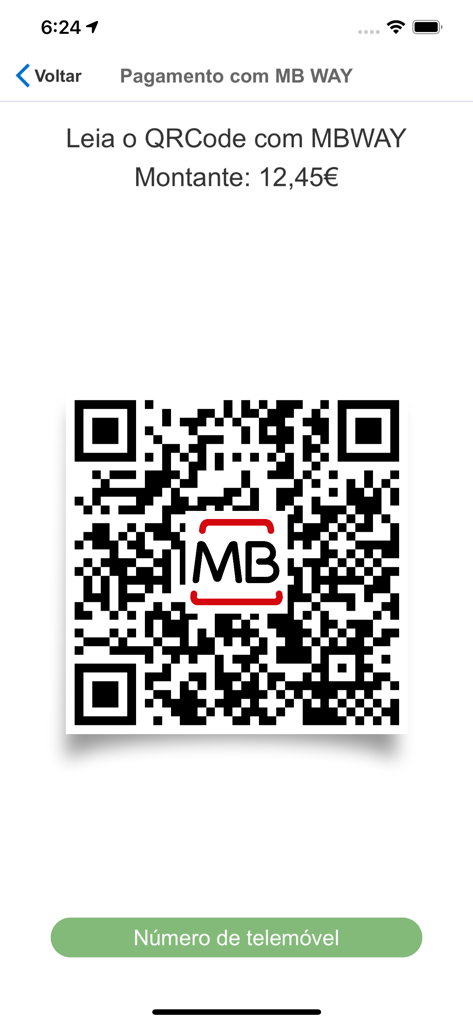 App Caixa Pay screen showing a QR code for a 12.45 euro payment through MB WAY