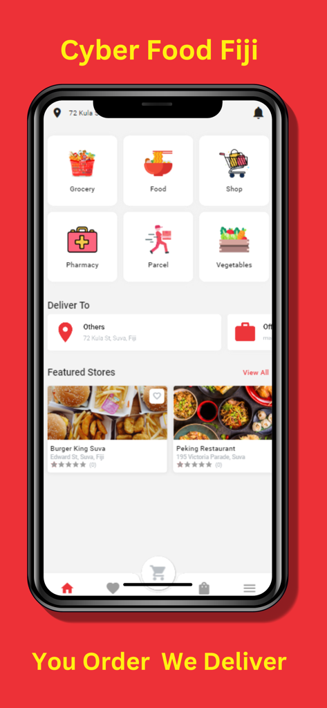 Home screen of the Cyber Food Fiji app displaying delivery categories for food, grocery, pharmacy, and parcel services in Suva.
