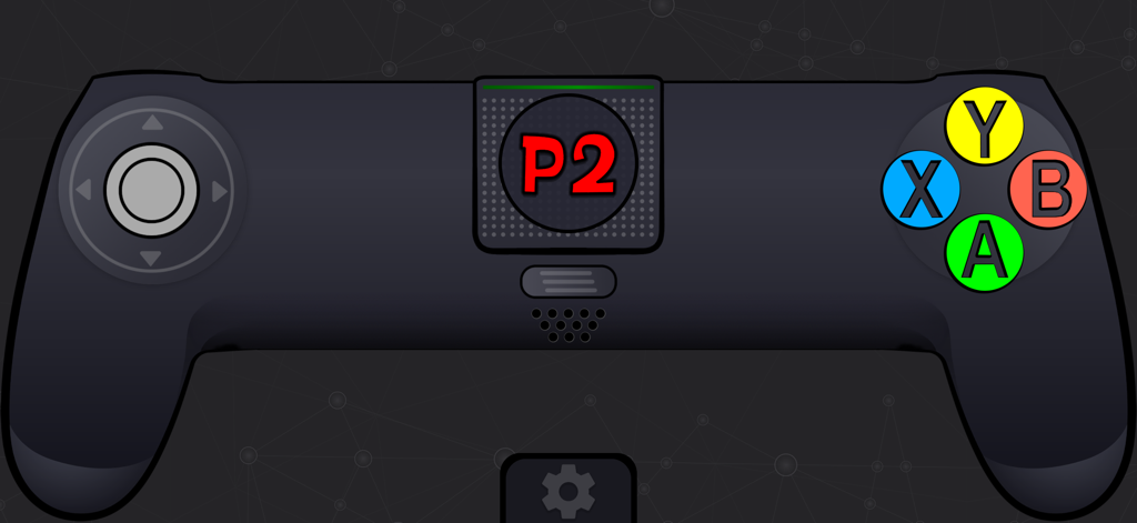GamePad Link - A virtual mobile game controller interface with a joystick colored ABXY buttons and a player two indicator