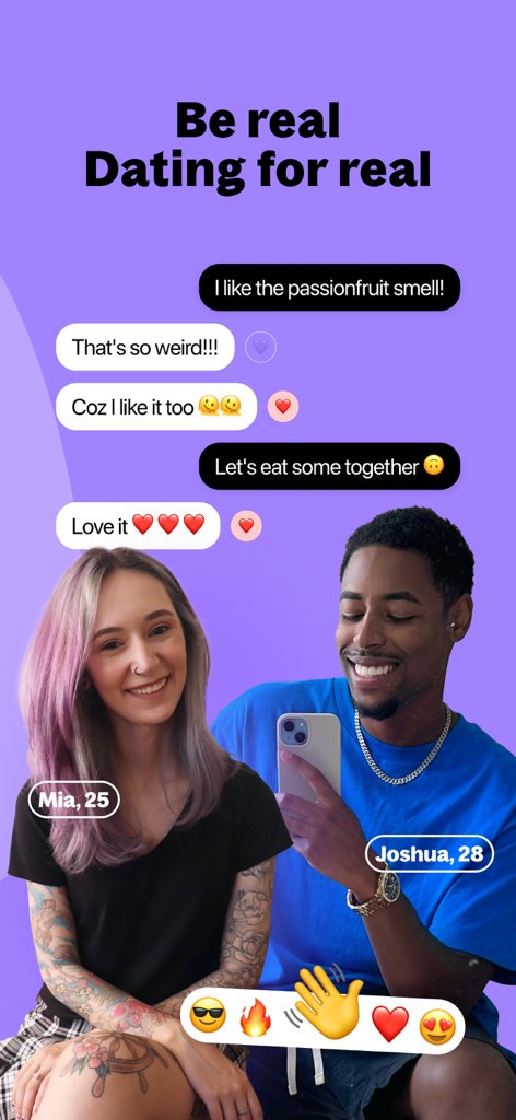 Hily dating app screenshot showing a chat between two young adults with the text Be real Dating for real