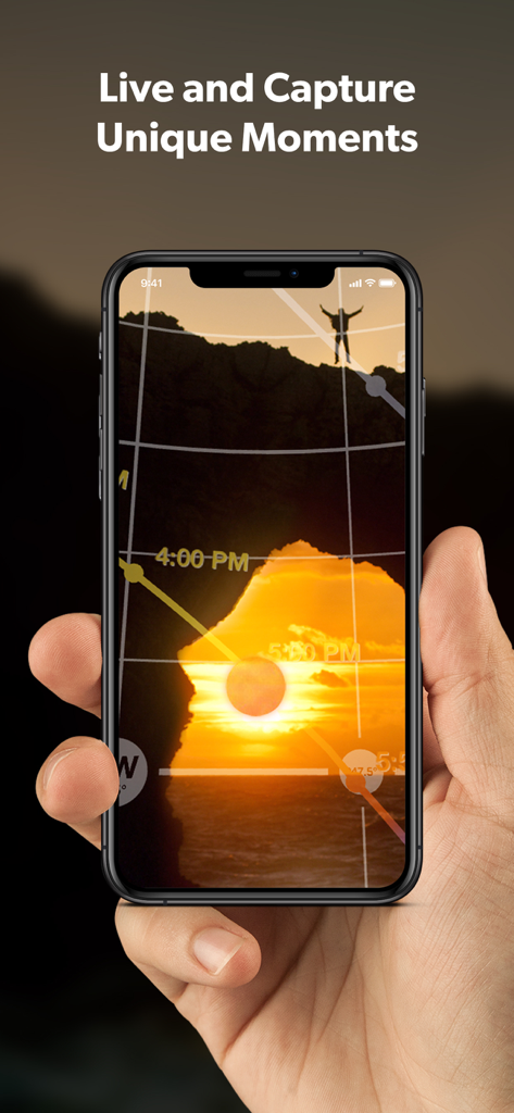 PhotoPills - Smartphone showing PhotoPills augmented reality sun tracking for landscape photography planning