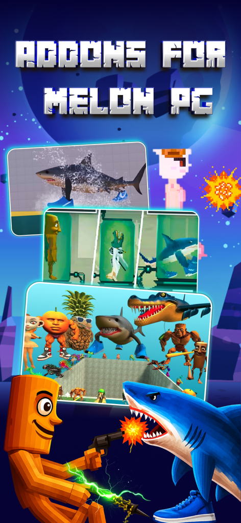 Addons for Melon PG - Arte promocional para Complementos para Melon PG que muestra diversos mods de personajes del juego sandbox, incluyendo un tiburón y figuras de madera.