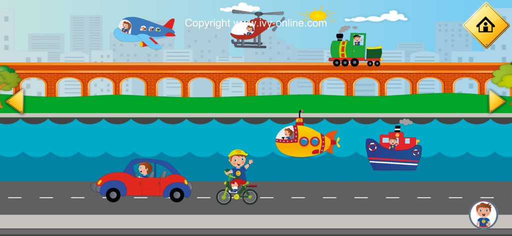 Ivy Transportation - Cartoon landscape from Ivy Transportation app showing various vehicles like a plane, train, car, and submarine