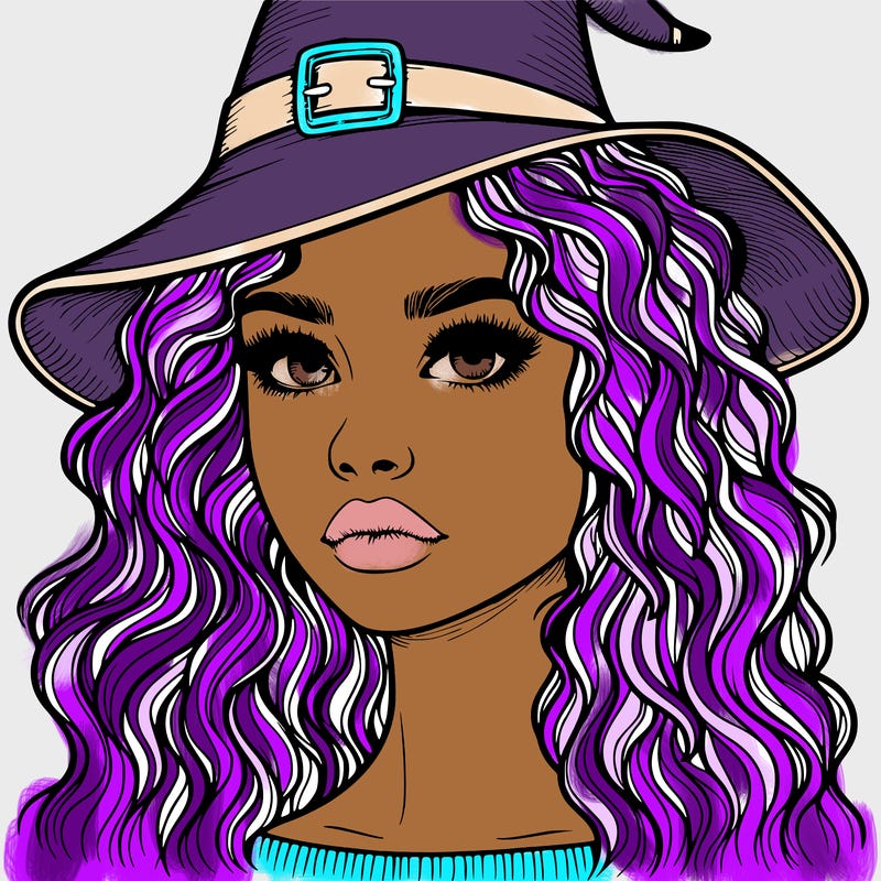 realistic girl with wavy hair a witch hat and a nose and lips and eyes