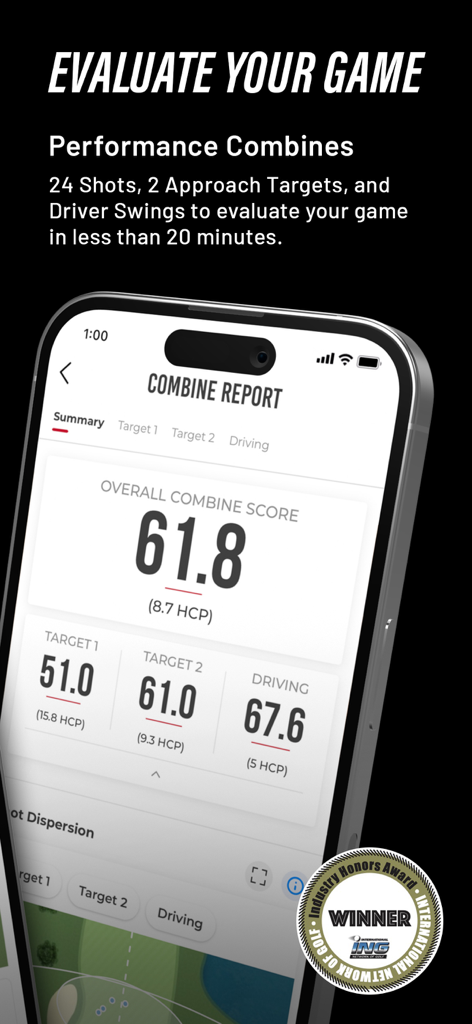 Aplicativo Rapsodo MLM mostrando um relatório de performance combine de golfe com pontuação geral e informações de handicap
