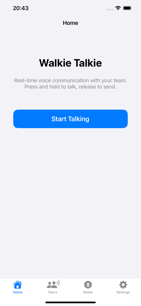 Walkie Talkie - Push to Talk - Home interface of the Walkie Talkie app with a large blue Start Talking button and navigation menu.