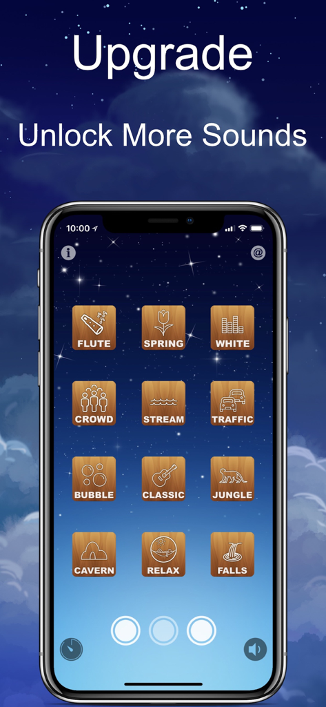 Sleep Sounds: Nature & Ambient - iPhone screenshot showing a variety of unlockable premium sounds like flute and jungle in the Sleep Sounds app