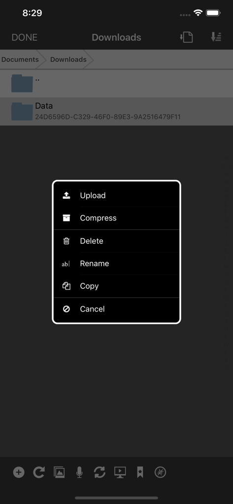 WebDAV Nav+ - WebDAV Nav plus mobile app showing a popup menu with file management options like upload compress delete and rename