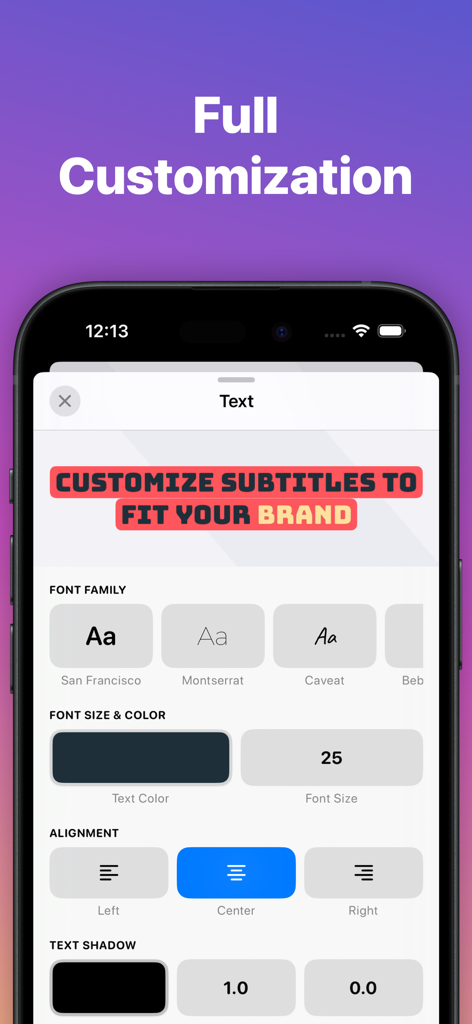 A mobile app screen showing customization options for video subtitles including font family size color and alignment