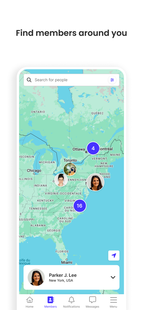 An interactive map in the T-bird Connect app displaying the locations of alumni members across North America.