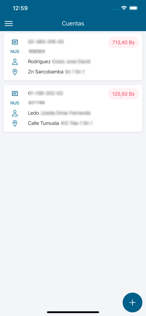 Elfec Móvil - Interface of Elfec Movil app showing a list of managed electricity accounts with pending balances in Bolivianos