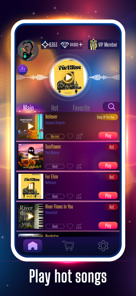 Tap Tap Hero: Be a Music Hero - Pantalla de la biblioteca de canciones del juego de música Tap Tap Hero que muestra éxitos populares y niveles de dificultad