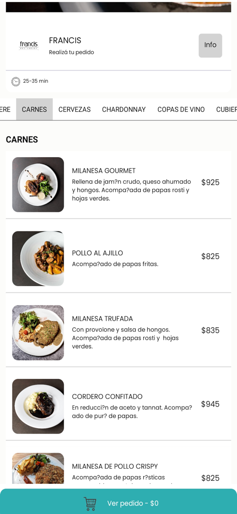 Francis - Interface do aplicativo do restaurante Francis mostrando o menu de carnes com vários pratos gourmet e preços