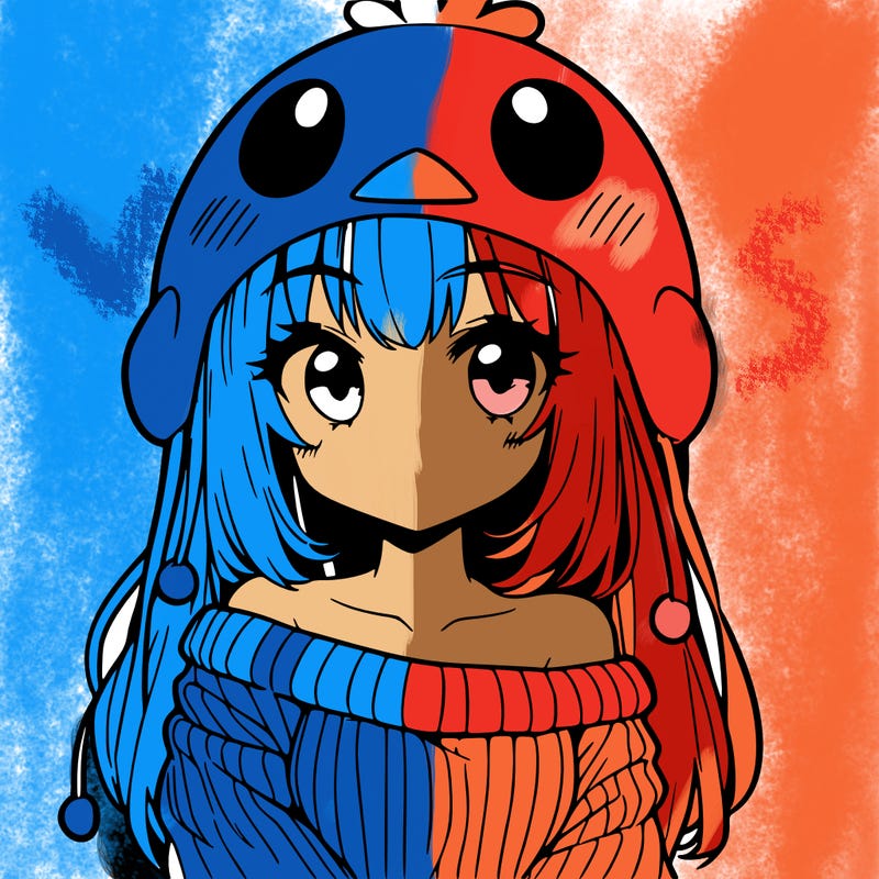 anime girl with chick shaped hat with sweater with bare shoulders with bangs covering them one eye with low tail