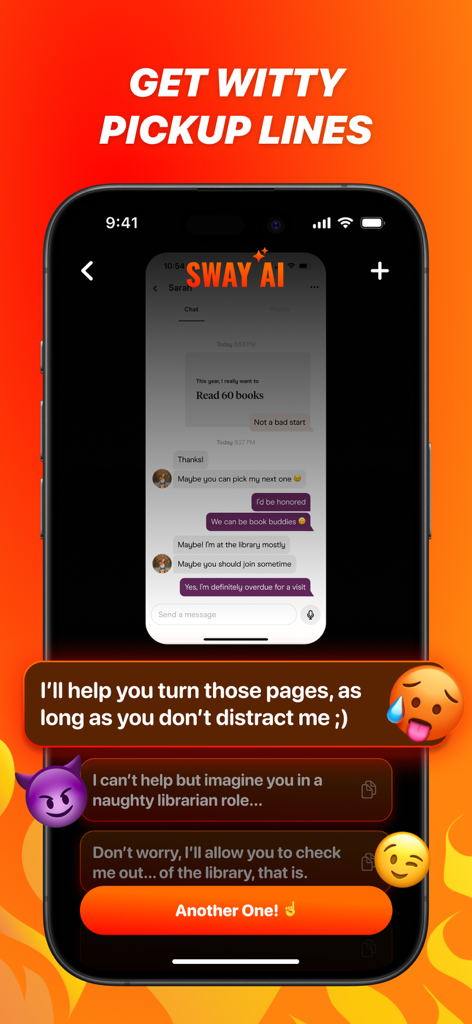 Sway AI: Dating App Assistant - Interfaz de la aplicación Sway AI mostrando sugerencias ingeniosas de frases para ligar para conversaciones de citas