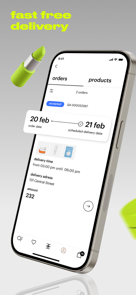 Gold Apple: beauty store - Interface of the Gold Apple beauty app showing order tracking and scheduled delivery details