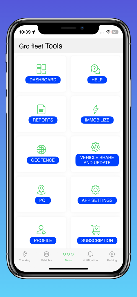 Gro Fleet - Gro Fleet app tools interface screen displaying dashboard reports geofencing and immobilization options