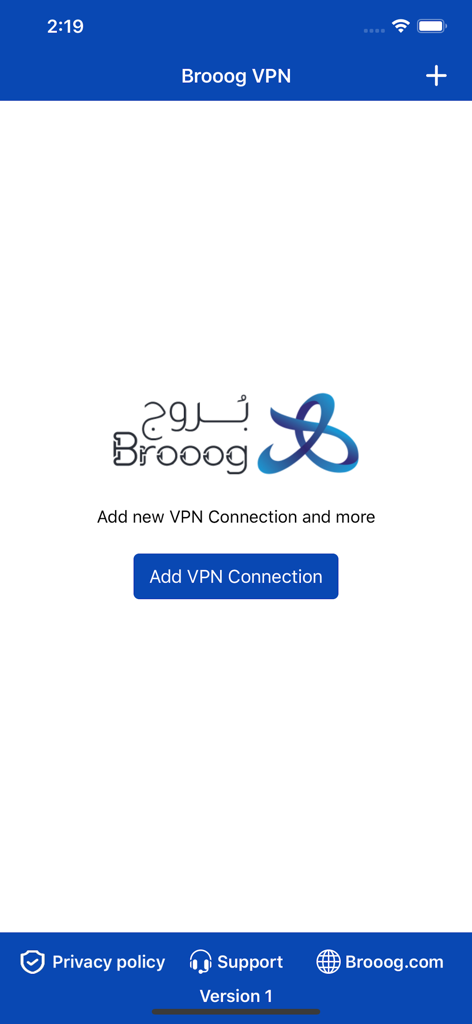 Interfaz de la aplicación cliente VPN IKEv2 Brooog con un botón para añadir conexión VPN