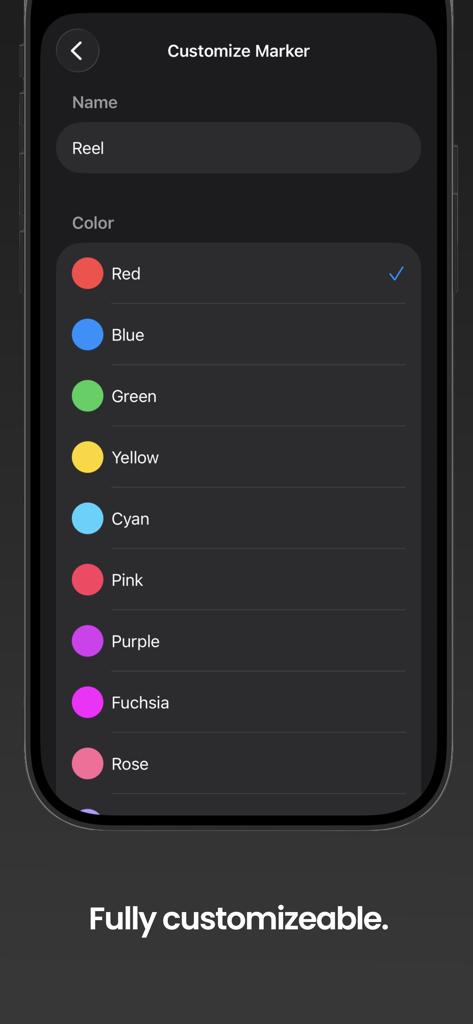 Marker for Creators - 名前と色の選択オプションによるマーカーカスタマイズを表示するインターフェース。