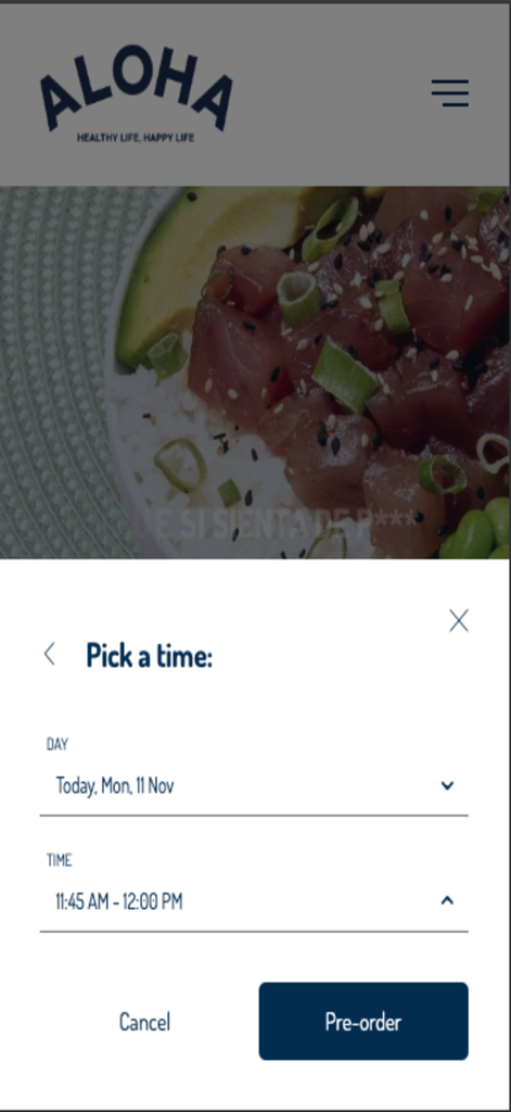 Pantalla de la app Aloha Poké que muestra opciones para elegir una fecha y hora para un pedido de comida anticipado