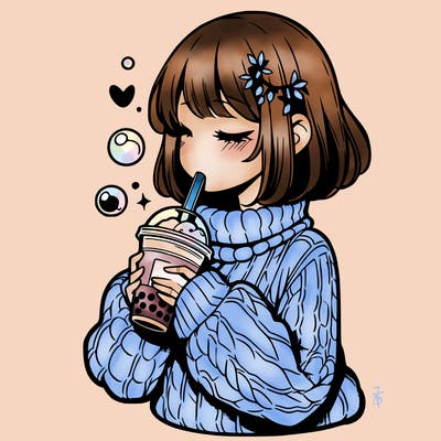 manga girl drinking boba in cozy sweater