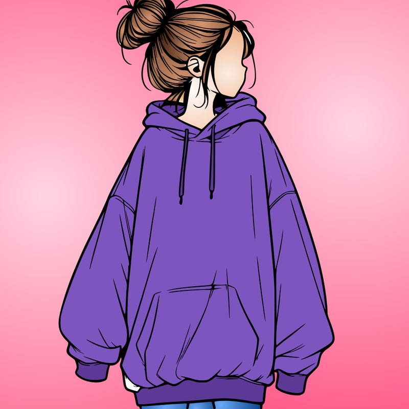 realistic girl with a oversized sweatshirt on and a bun