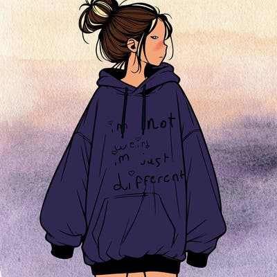 realistic girl with a oversized sweatshirt on and a bun