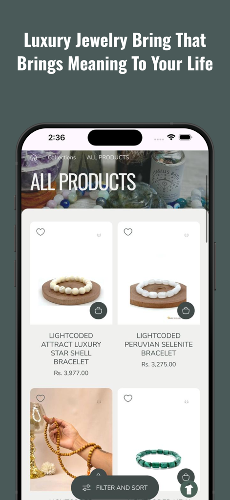 VANI KABIR STUDIO - Vani Kabir Studio mobile app showing a curated collection of spiritual crystal bracelets