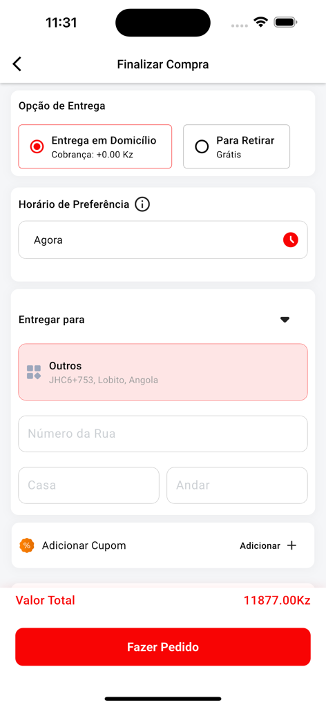 Entregas no Cubico - Checkout screen of the Entregas no Cubico app showing delivery options and address input fields