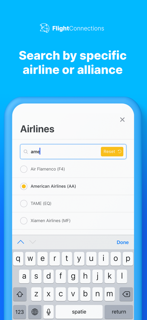 Una pantalla móvil de la aplicación FlightConnections que muestra un filtro de búsqueda de aerolíneas y alianzas específicas con American Airlines seleccionada.