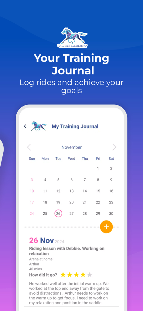 Rider Guider Equestrian App - A screenshot of the Rider Guider equestrian app showing the training journal feature with a monthly calendar and detailed ride log entry.