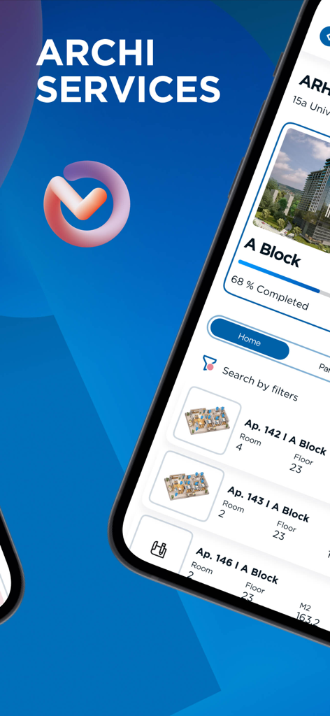 My Archi - My Archi mobile app interface showing a list of apartment units and property management details.