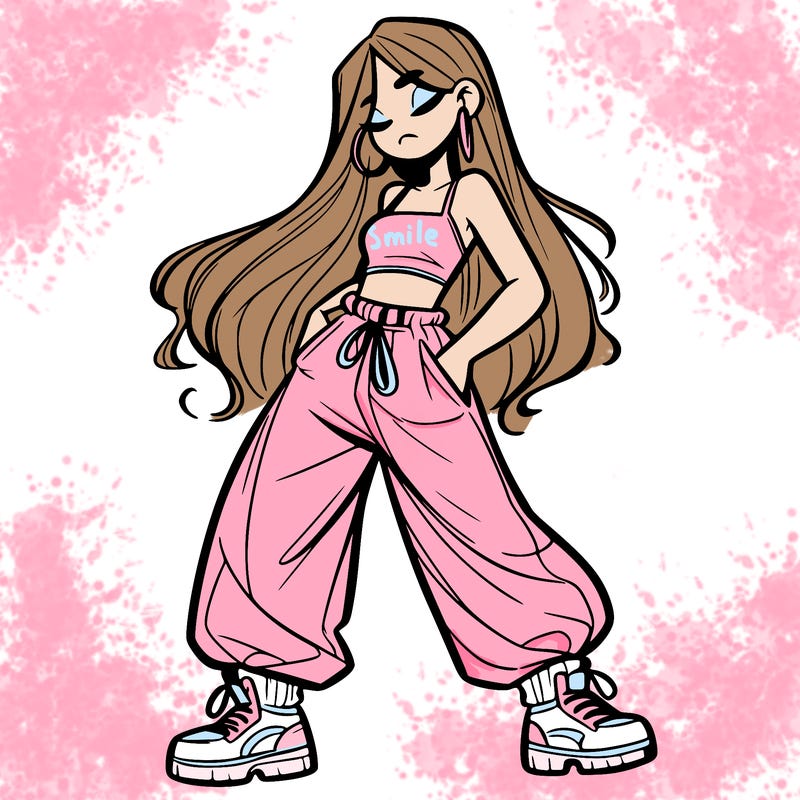 girl in baggy pants crop top and long hair