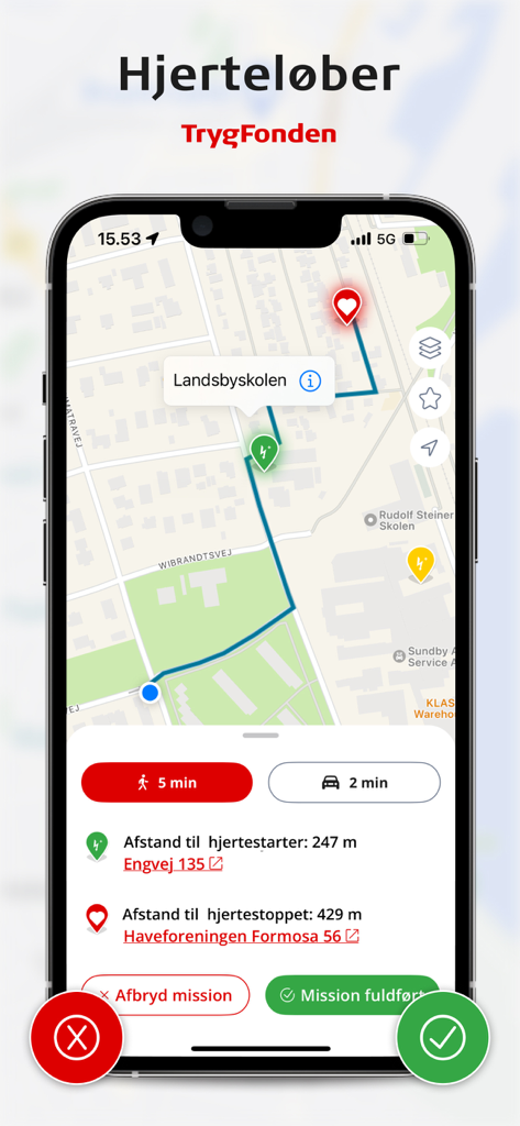 TrygFonden Hjerteløber app showing navigation to a defibrillator and cardiac arrest location