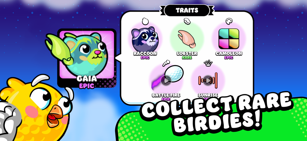 A character customization screen in Super Flappy Golf showing various collectible birdie traits like Raccoon and Lobster with rarity indicators.