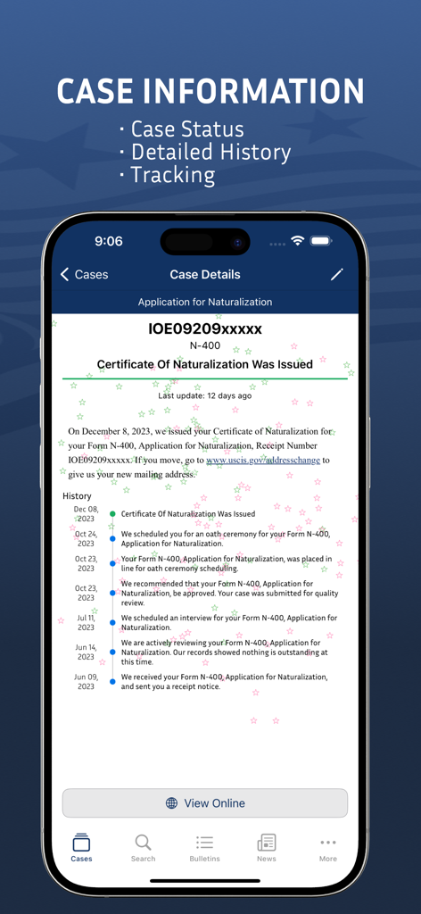 Case Tracker for USCIS & NVC - Case Tracker for USCIS app showing naturalization case status and application history