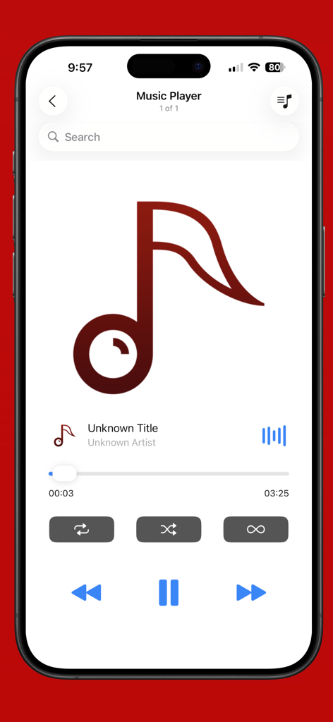 File Manager Explorer - eFiles - Reproductor de música integrado en la aplicación eFiles que muestra los controles de reproducción y la barra de progreso de la pista