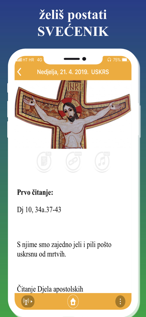 Nova Eva - Schermata dell'app mobile Nova Eva che mostra letture della messa cattolica croata e un mosaico di Gesù sulla croce.