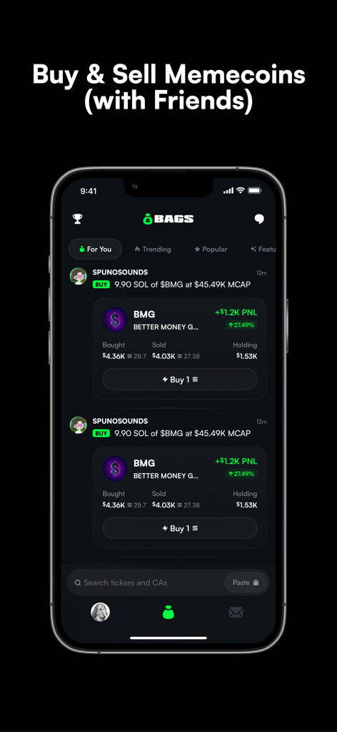 BAGS app interface showing a social feed for tracking and trading memecoins with friends