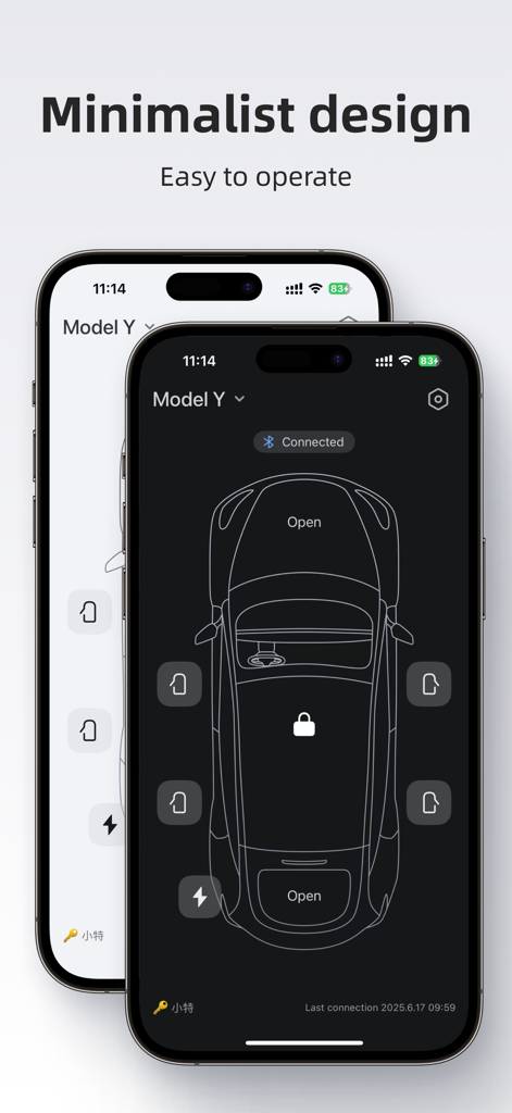 Minimalist user interface of Key for Tesla app showing remote car controls on iPhone
