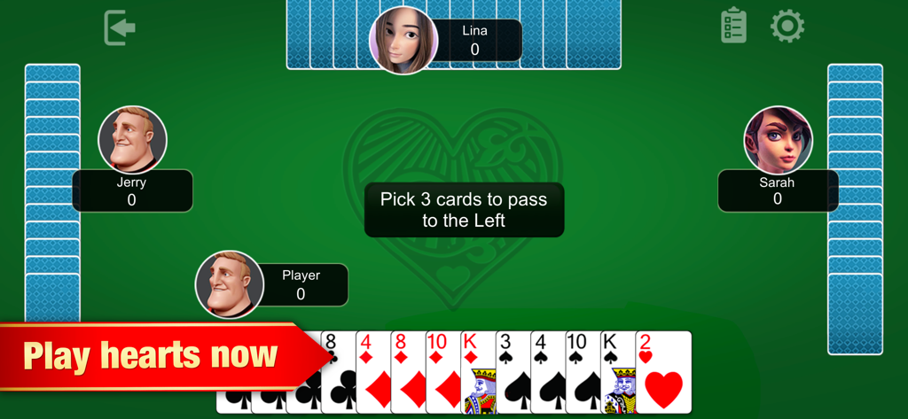 Uma interface de mesa digital do jogo de cartas Copas mostrando os jogadores no início de uma rodada com a instrução de passar as cartas.
