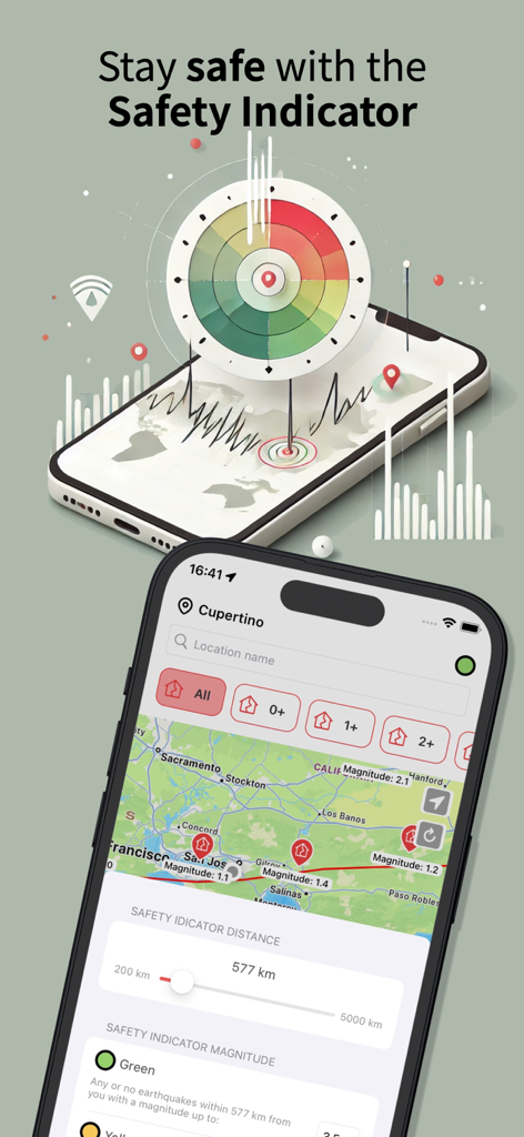 Earthquake Hub - Interface de l'application Earthquake Hub montrant l'indicateur de sécurité en temps réel et la carte d'activité sismique