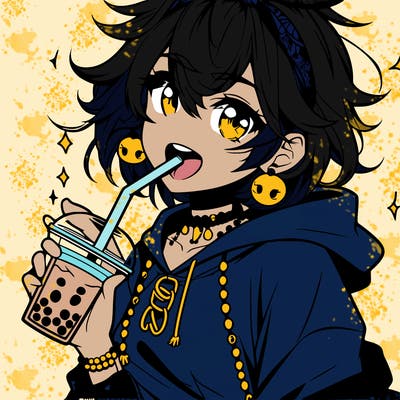 hot baddie anime girl drinking boba and biting the straw