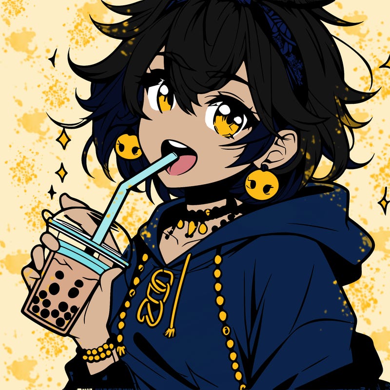 hot baddie anime girl drinking boba and biting the straw