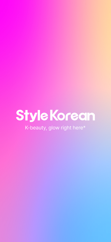 StyleKorean - StyleKorean app splash screen with logo and K-beauty tagline on a pink and blue gradient background