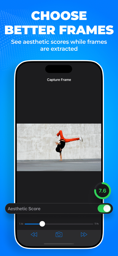 Video to Pic - Interfaz de la aplicación Video to Pic mostrando una puntuación estética para un fotograma de video de acción